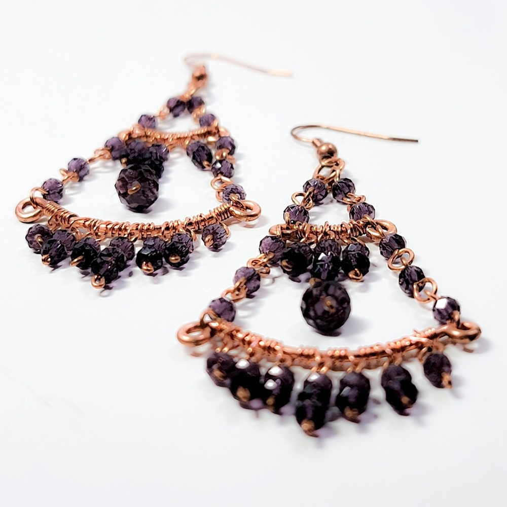 Handcrafted Copper & Amethyst Crystal Chandelier Earrings - Picture 4 of 6